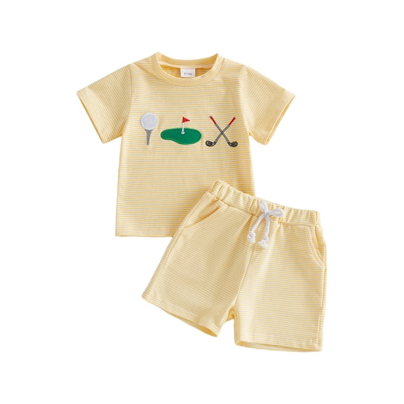 BemeyourBBs 2Pcs Toddler Baby Boy Girl Golf Outfits Summer Clothes Short Sleeve Crew Neck Striped Golf Embroidery T shirt Tops and Pockets Shorts Set