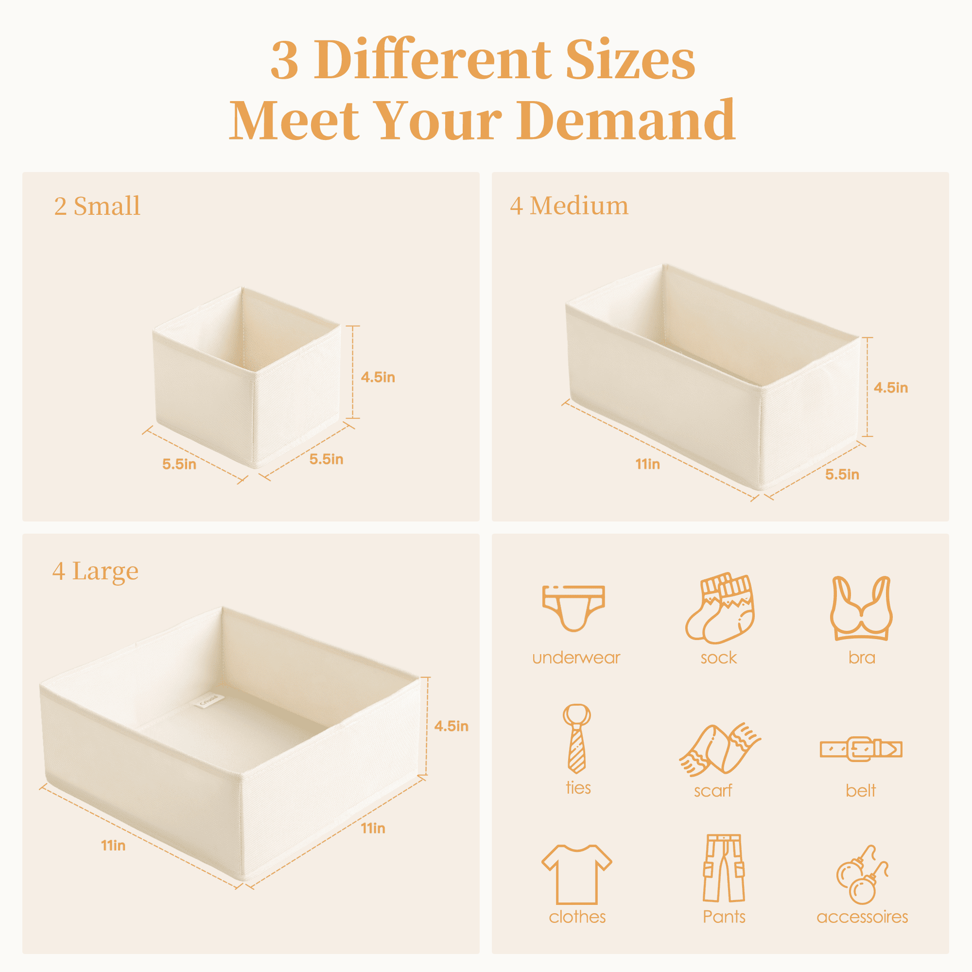 Criusia 9 Pack Drawer Organizers for Clothes, Foldable Fabric Closet Organizers and Drawer Dividers for Clothing, Baby Clothes, Socks, Underwear & Accessories, Beige