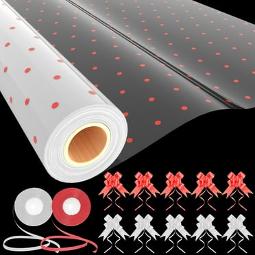 Red Dotted Cellophane Wrap (82 ft x 32 inch) with 10 Pull Bows and 2 Ribbons - Florist Cellophane Wrap Roll Used for Valentine & Birthday Gifts, Flower Bouquet, Easter Basket