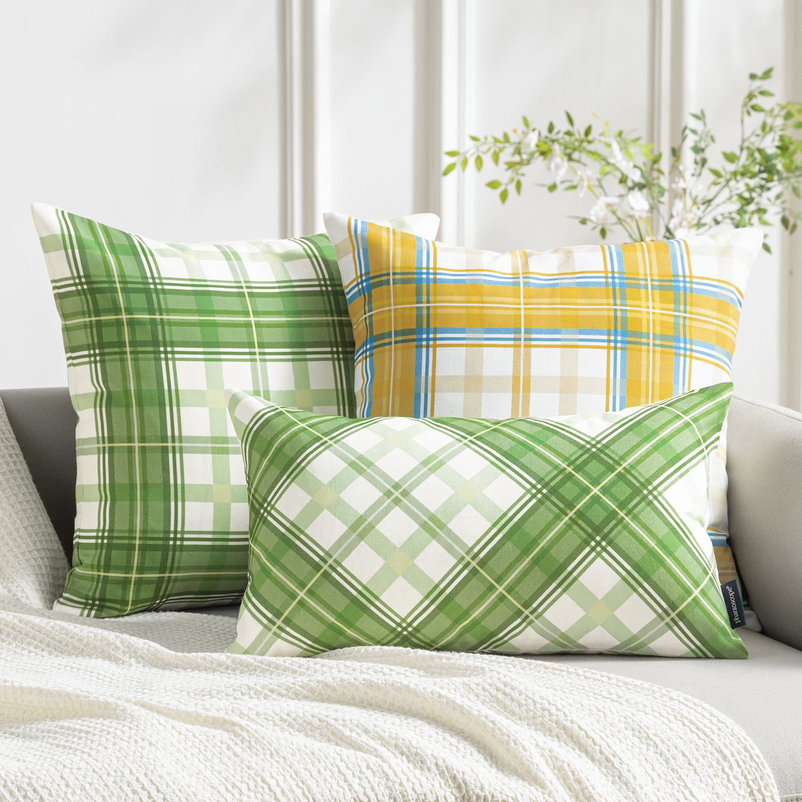 Phantoscope Buffalo Plaid Decorative Throw Pillows with Inserts, Double-Sided Printed Checkered Design, 12 x 20 in, Light Green, 2 Pack