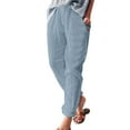 thumbnail image 4 of Mothers Day Gifts Solid Linen Trouser Pant Casual Baggy Elastic Waist Wide Leg With Pocket Fashion Wide Leg Pants for Women, 4 of 9
