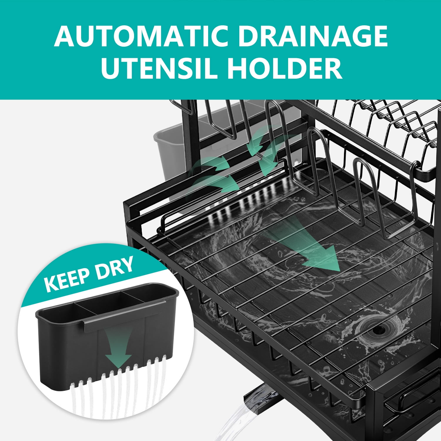 Stelive 2-Tier Dish Drying Rack Dish Drainer Dish/Cup/Cutting Board Cutlery Holder Dish Drainer Rack Multifunctional Storage Rack w/Drainboard & 360° Telescopic Drain Pipe for Kitchen (Black)