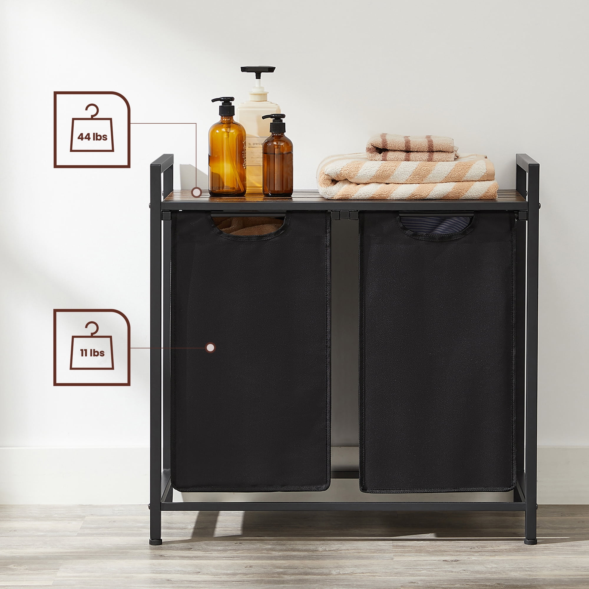 Laundry Hamper Organizer Laundry Basket Laundry Sorter with 2 Pull-Out and Removable Bags, Metal Frame, 2 x 12.1 Gallons, 28.8 x 13 x 28.4 Inches