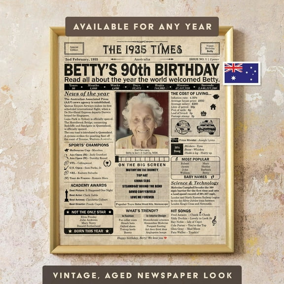 YaHaku 90th Birthday gift for grandma, grandpa, great grandparent | 1935 Birthday Poster | birthday party decor | Newspaper design | AUS