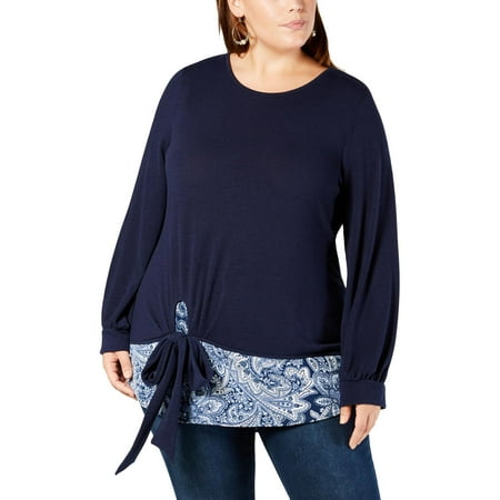 NY Collection Womens Plus Mixed Media Side Tie Pullover Top Navy 2X