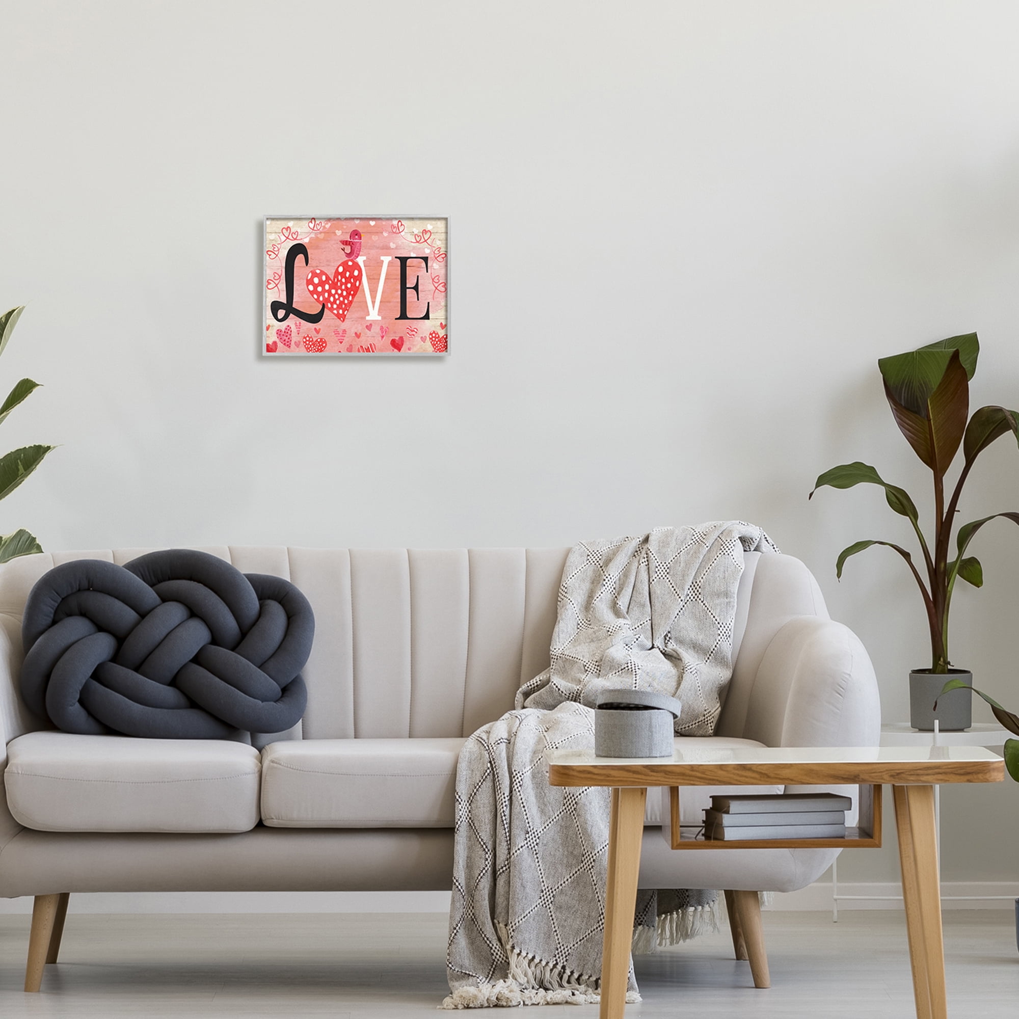 Stupell Romantic Love Patterned Hearts Bird Holiday Painting Gray Framed Art Print Wall Art