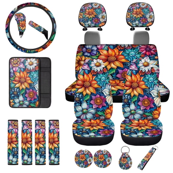 Uorisanigo Bohemian Flowers Car Seat Cover Sets Full Set Car Steering Wheel Covers Armrest Protector Head Rest Covers Cup Coaster Handbrake Cover Seat Belt Strap Pad Keychain,18 Pack
