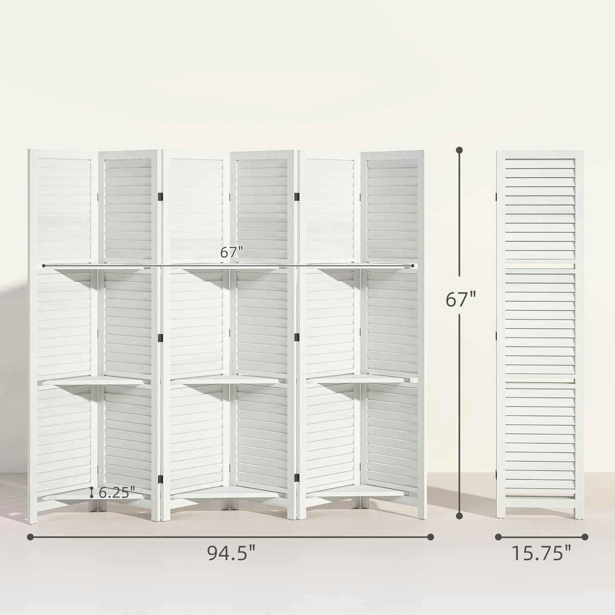 Spaco 6 Panel 67" Tall Wood Privacy Screen, Room Divider with 3 Shelves and Folding Storage, Privacy Screen for Indoor as Living Room, Bedroom, White
