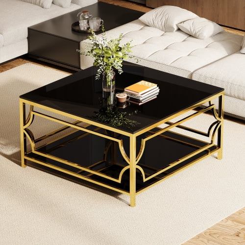 33.5" Square Glass Coffee Table with Lower Shelf, Modern Tempered Glass Center Table with Geometric Metal Frame, Black & Gold Accent for Living Room