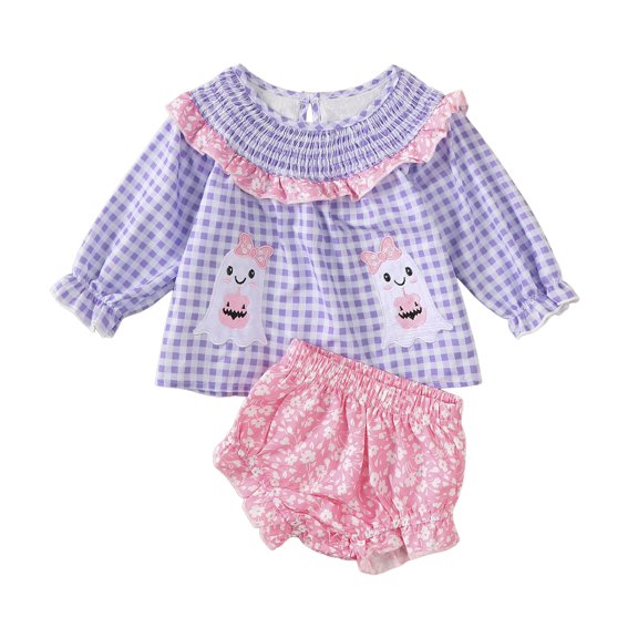 GCETTIC My First Halloween Baby Girl Outfit Ghost Print Top Shorts Set | Plaid Print Smocked Ruffled Crewneck Long Sleeve Puff Sleeeve Bloomers Set Toddler Halloween Baby Girl Outfit 3-6 Months