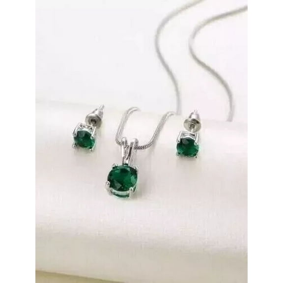 2Ct Round Cut Lab-Created Green Emerald Women's Mix Jewelry Set 14K White Gold Plated