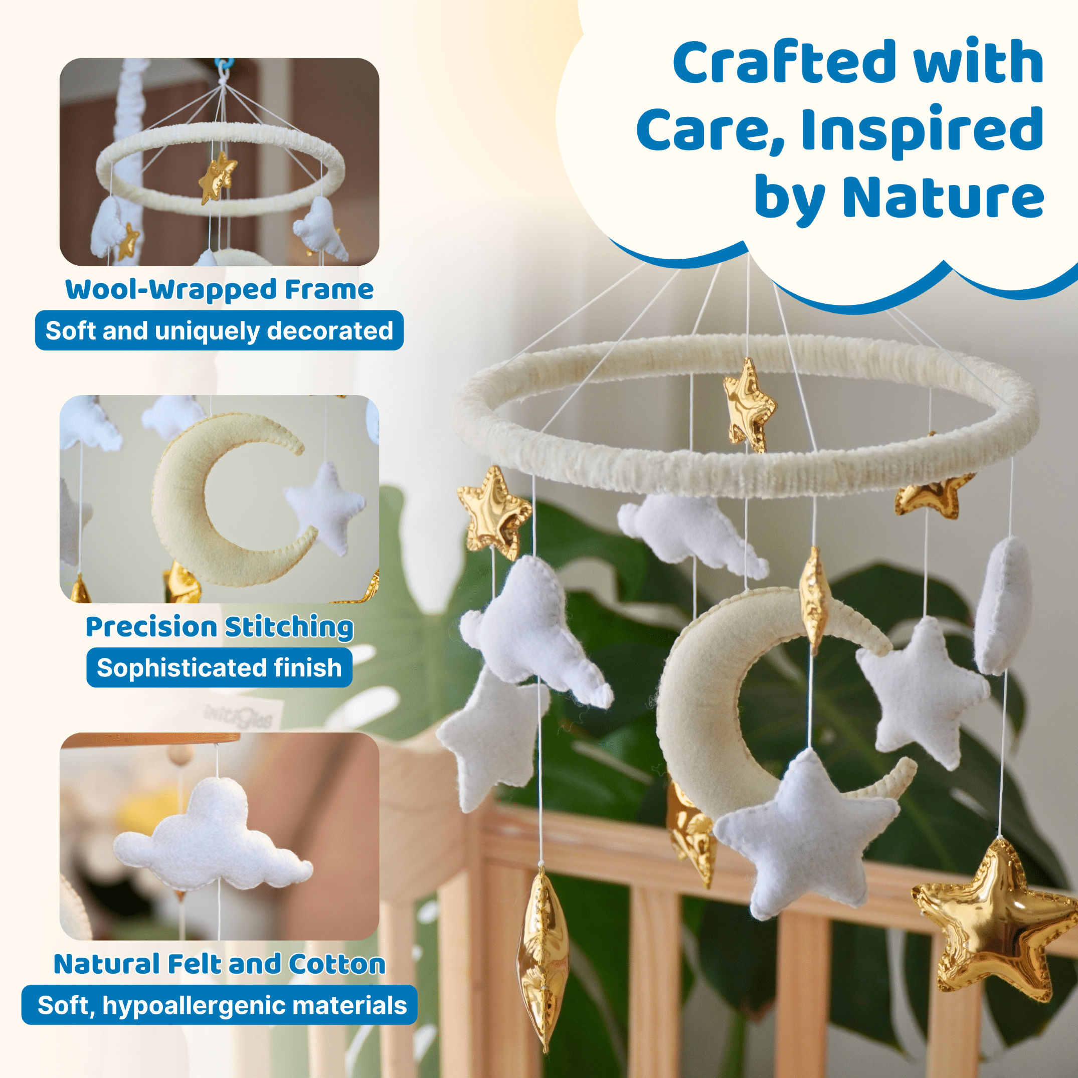 TINITIGIES Star & Moon Baby Crib Mobile with Music Box – Handmade Felt Nursery Mobile, 12 Piano Lullabies, Golden Star Theme for Visual & Cognitive Development