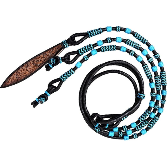 Hand-Braided Black Rope Romal Reins with Turquoise Knots – Rawhide Leather Horse Tack with Hand-Carved Popper, 52" Romel