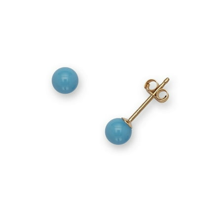 14k Yellow Gold Blue 4mm Round Created Simulated Turquoise Earrings