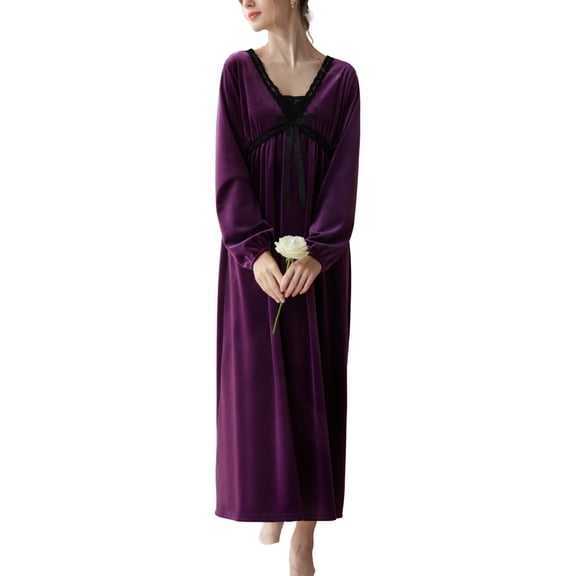 SWSMCLT Women's Velvet Nightgown Velour Long Sleeve V Neck Lace See Through Vintage Spring Sleep Dress Soft Warm Long Night Gown Purple Large