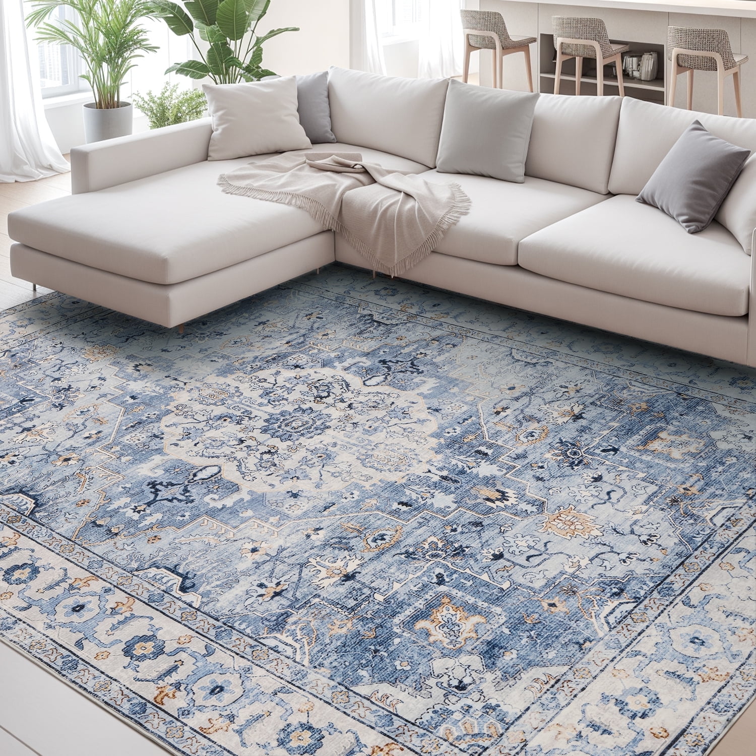 VUNATE 9'x12' Area Rugs for Living Room Washable Rugs Floral Vintage Area Rug Boho Indoor Carpet Soft Rugs for Bedroom Office Dining Room Kitchen Accent Rug Contemporary Home Decor Blue