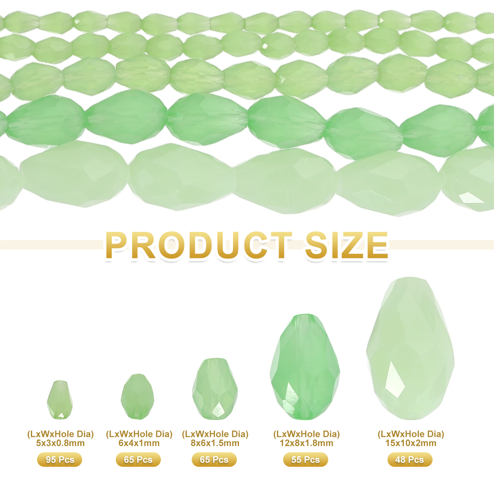 Uxcell 328 PCS Teardrop Crystal Glass Beads, 3x5mm 4x6mm 6x8mm 8x12mm 10x15mm Vertical Hole Faceted Glass Teardrop Spacer Beads for Necklace Bracelet DIY Jewelry Making, Emerald Green