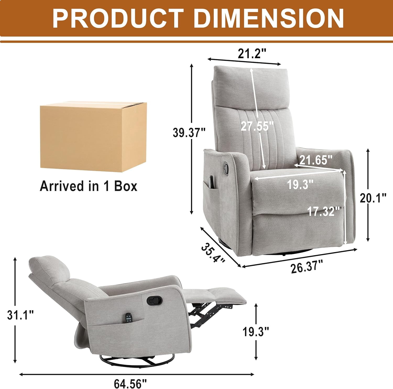 AENKYO Swivel Recliner Chair, Manual Rocking Massage Chair, Heated for Adults, for Living Room,Light Gray Chenille