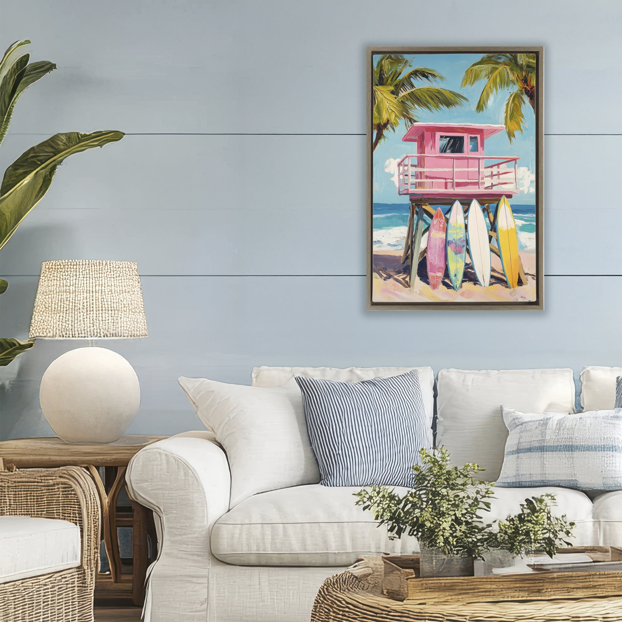 Stupell Industries High Pink Surf Shack Brown Framed Floater Canvas Wall Art, design by Petal Prints Design