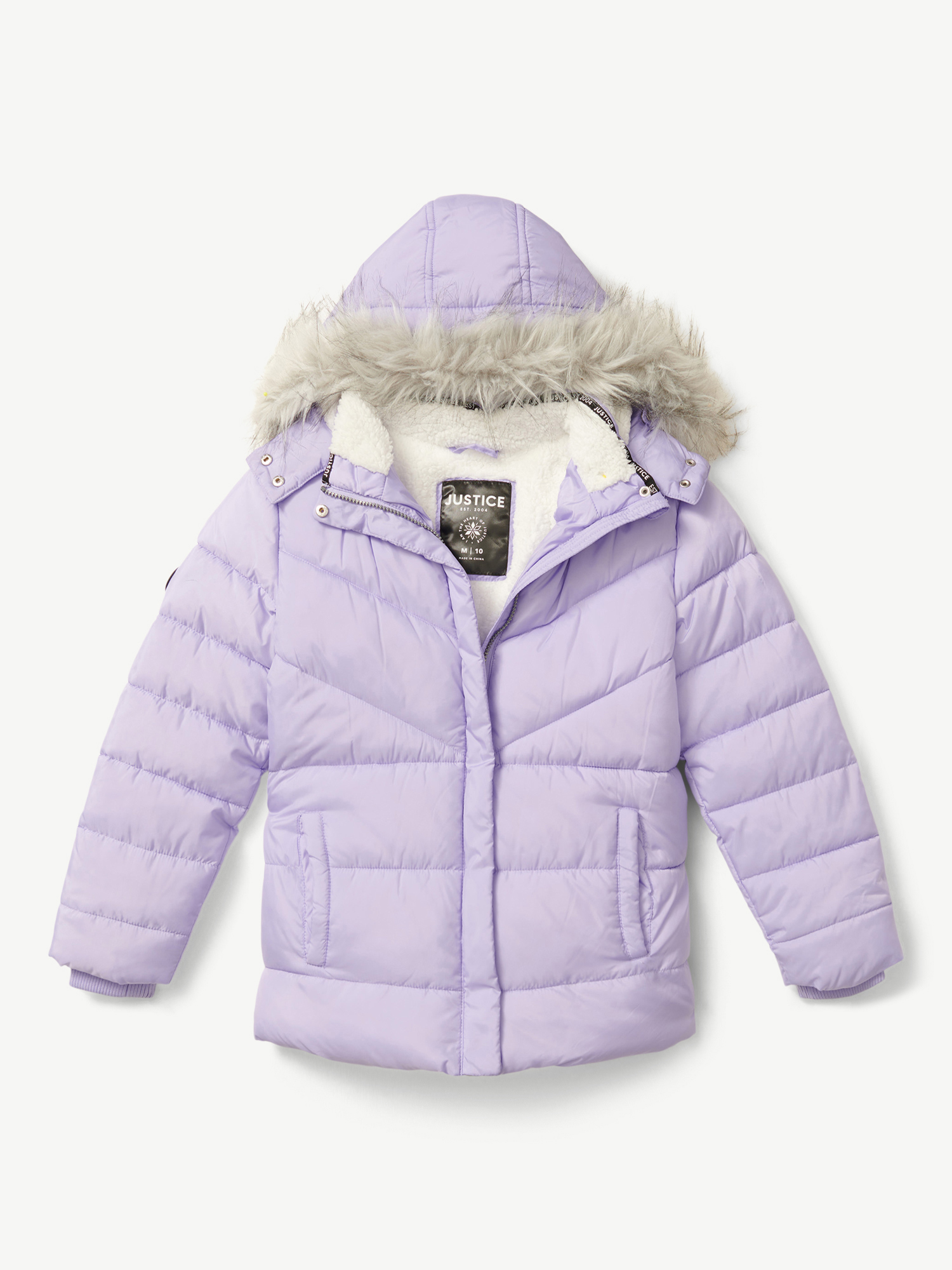 Justice Girls Puffer Jacket with Faux Fur Lined Hood, Sizes 5-18
