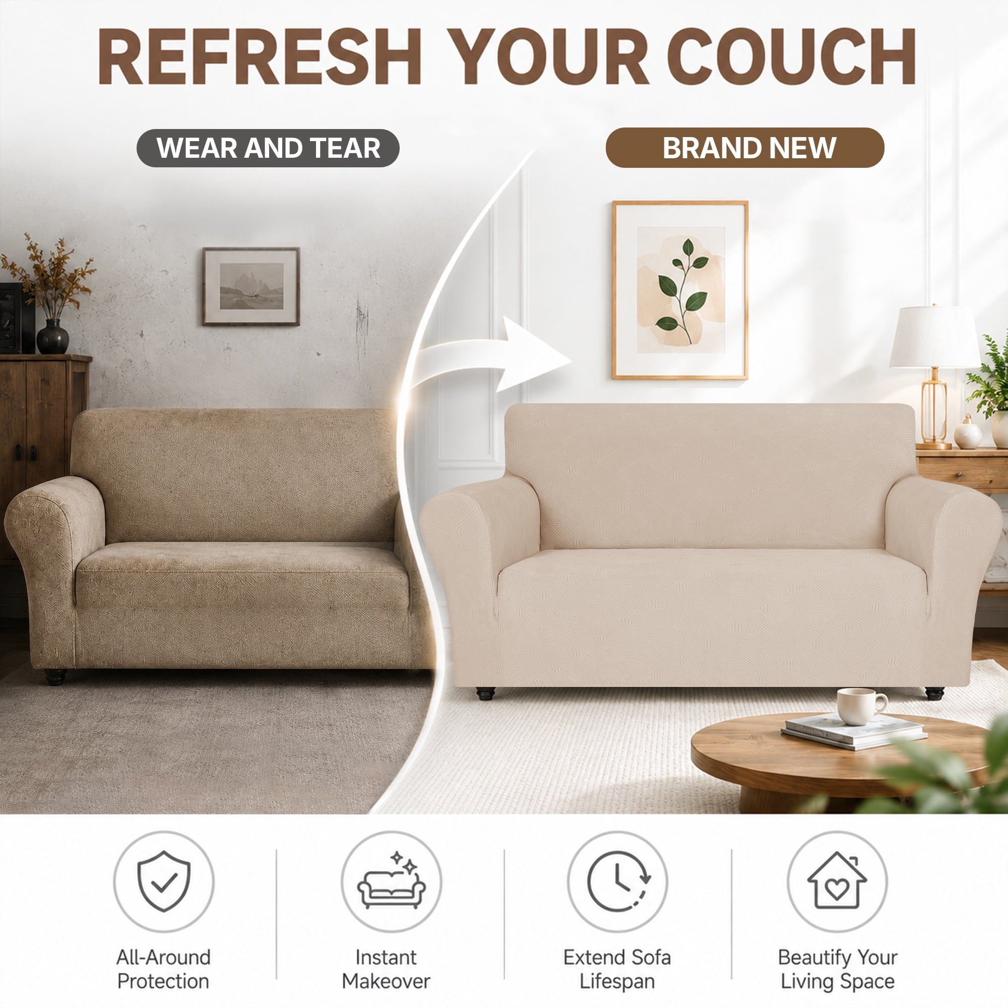 JIATER 1-Piece Sofa Cover Stretch Couch Cover Washable Sofa Slipcover Furniture Protector for 3 Cushion Sofa,Beige