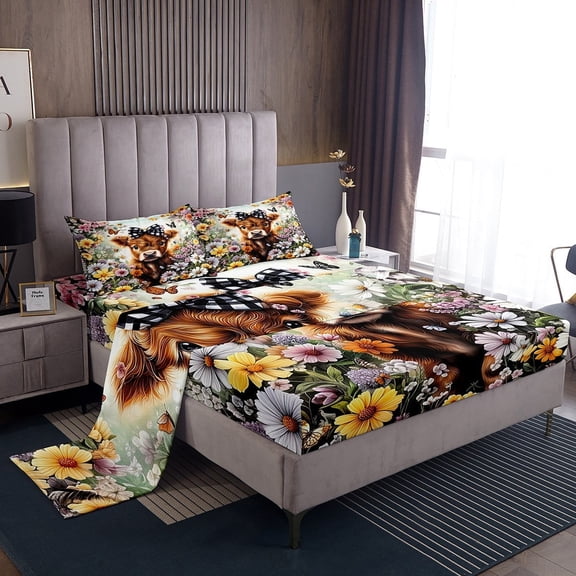 Erosebridal Cute Highland Cow Sheet Set Twin , Colorful Garden Flower Bedding Sets Twin Size 3 Pieces