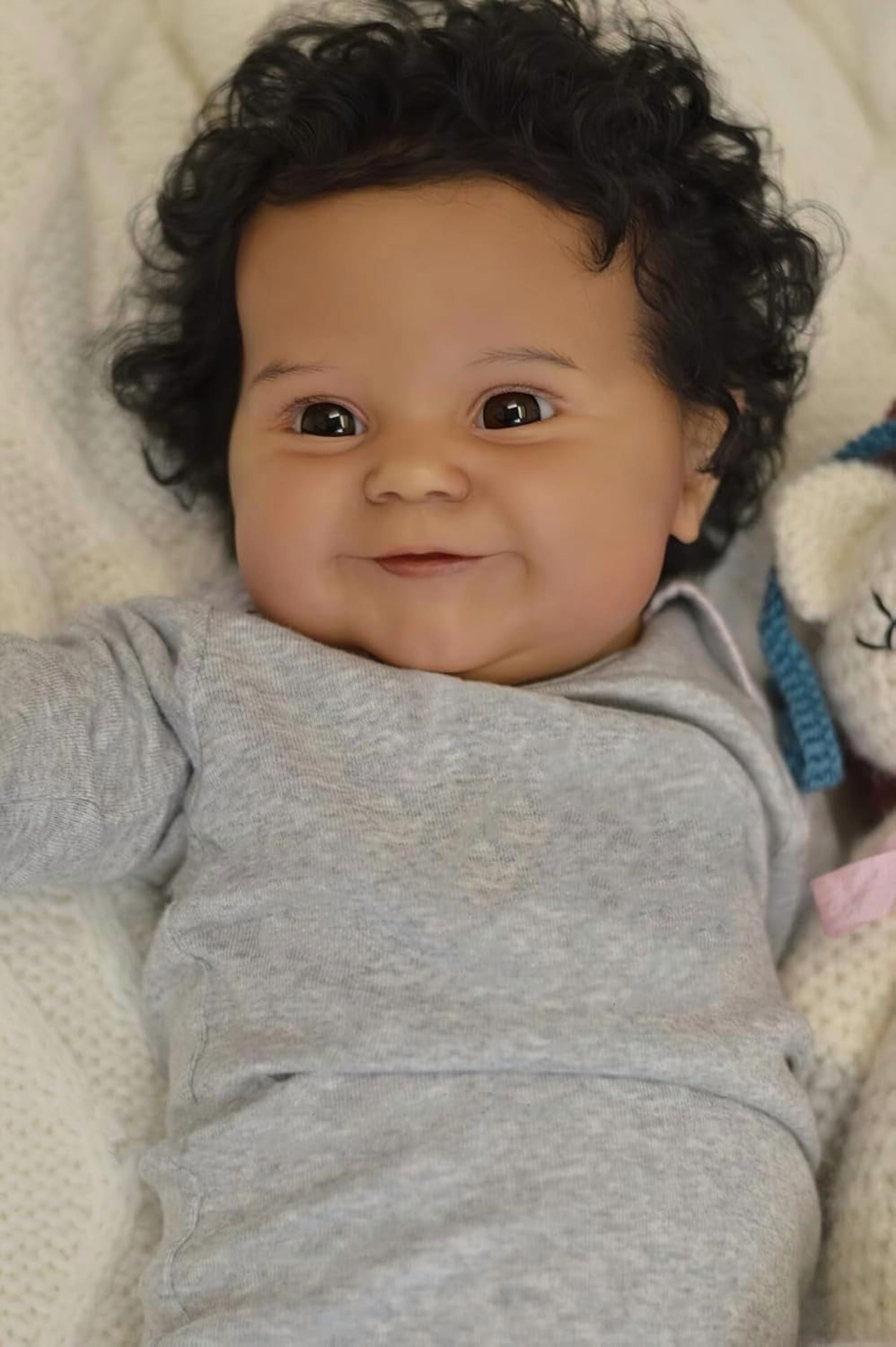 20 Inches Real Baby Size Sweet Smiling Rooted Curly Hair Lifelike African American Reborn Baby Doll Realistic Newborn Soft Cloth Body Dolls in Dark Brown Skin