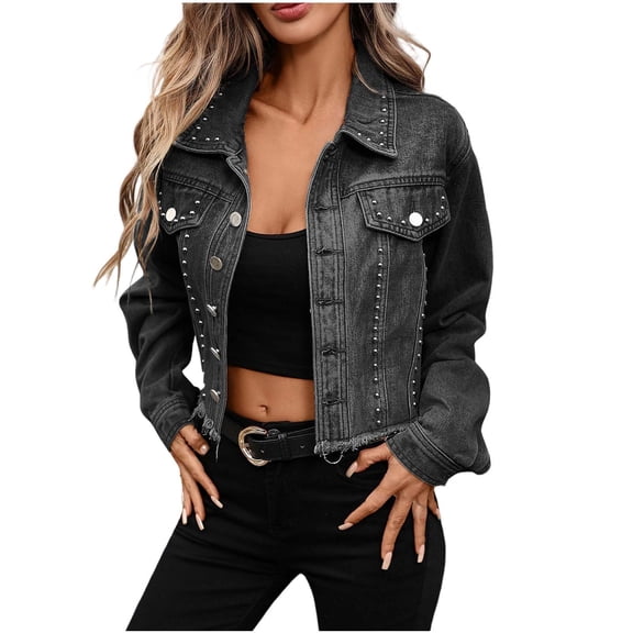 LNWUY Women's Studded Denim Jacket Casual Long Sleeve Western Distressed Trendy Cropped Jean Coat Black M