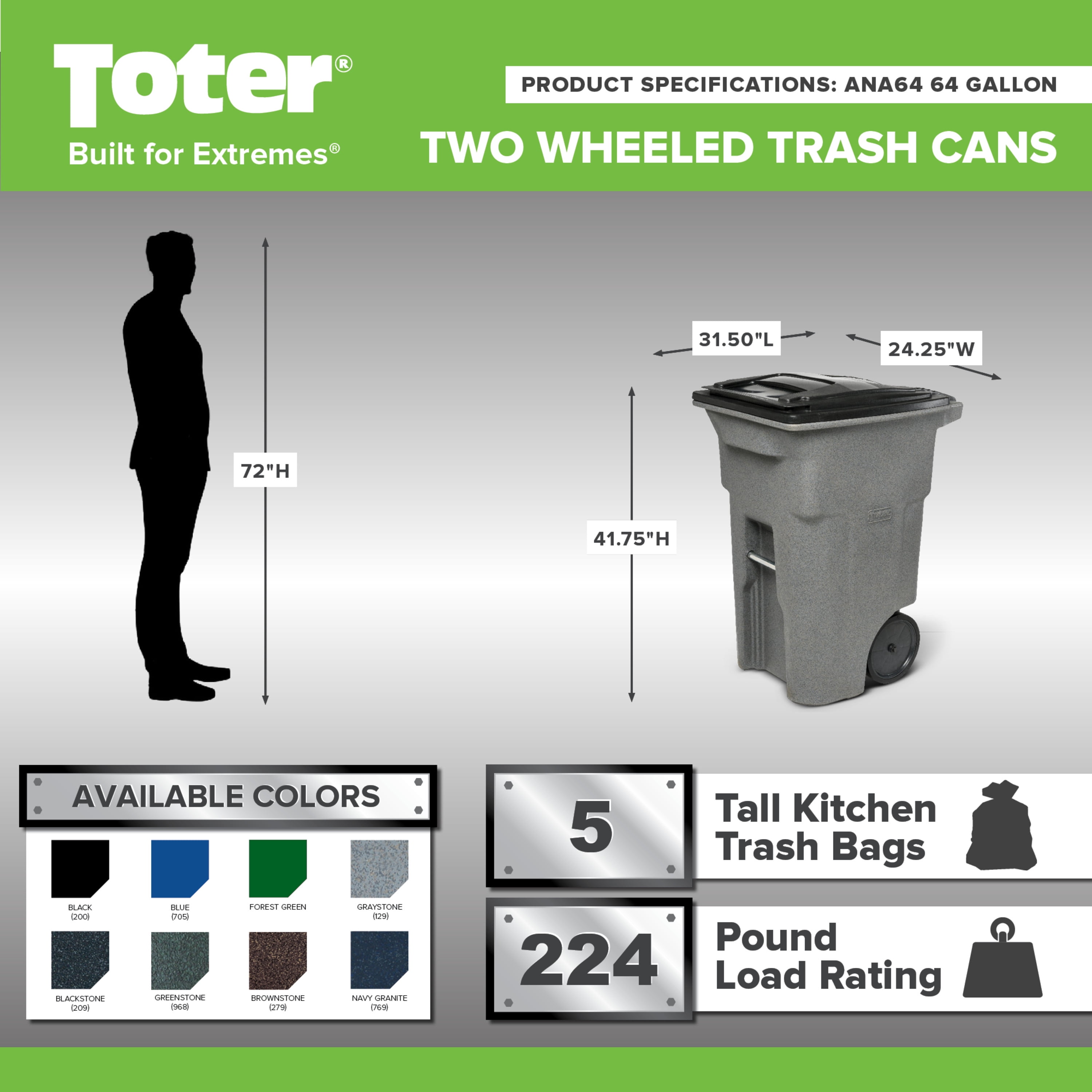 Toter 64 Gal. Trash Can Brownstone with Quiet Wheels and Lid