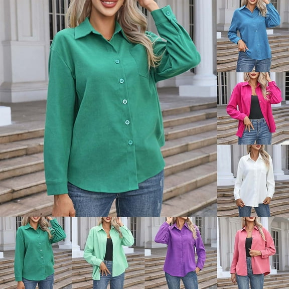 ATOYSOY Women's Long Sleeve Tees Fall Winter Loose Tops Pockets Outwear Fashion Solid Color Pullover Casual Business Shirts Turn Down Collar Sweatshirts Blue L