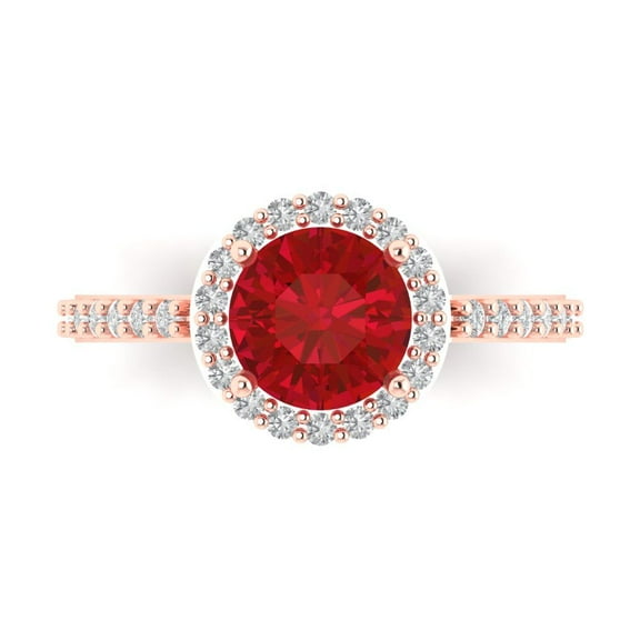 1.86 ctw with Simulated Diamond Halo Accents Anniversary Ring for Women | Round Cut Simulated Pink Tourmaline | Hyperallergenic Solid 14K Rose Gold