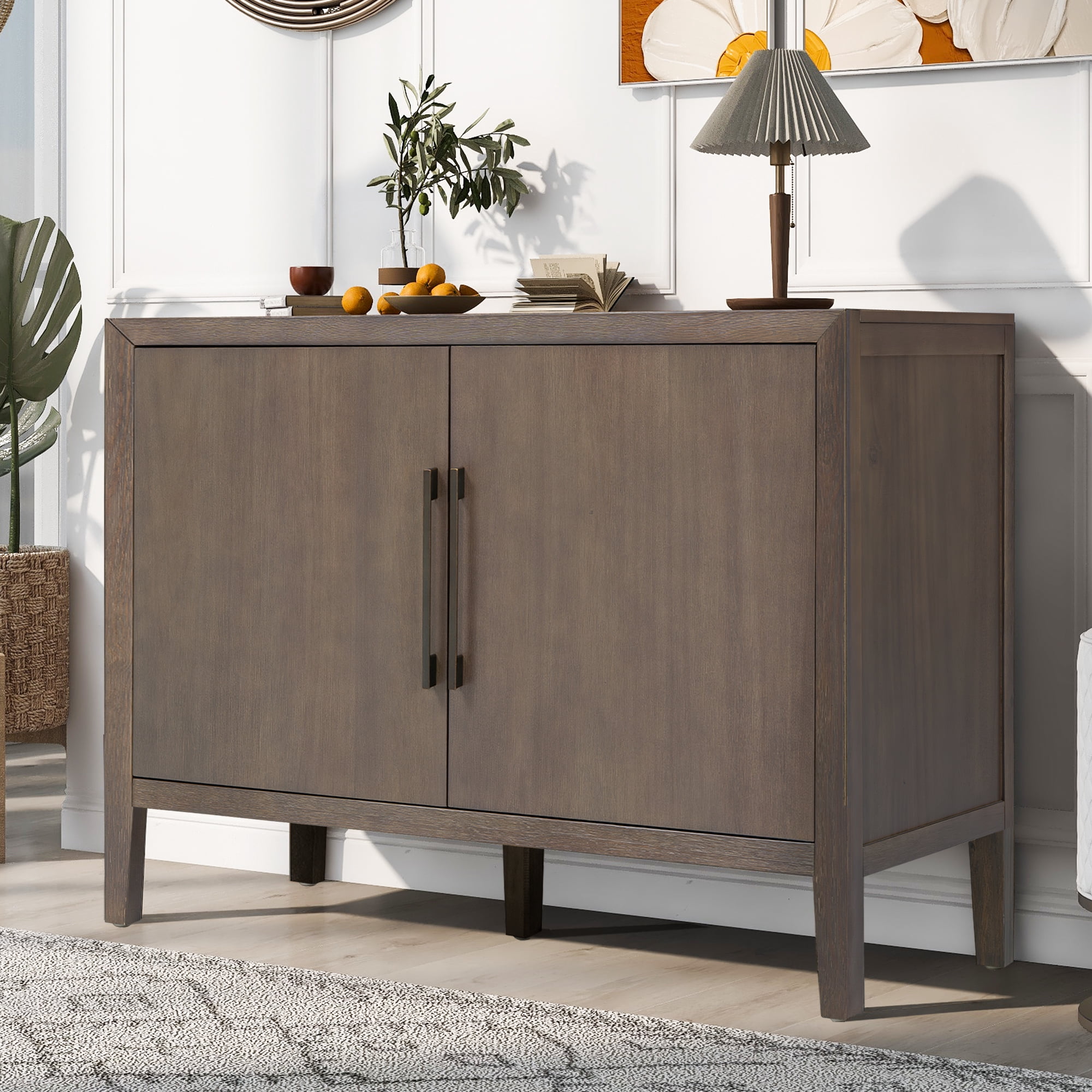 Mintazer 47.25" Farmhouse Sideboard with 2 Doors & Adjustable Feet, Wooden Storage Cabinet with Pine Veneer & Metal Handles for Entryway Living Room, Brown