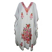 Mogul Womens Kashmiri Caftan White Ethnic Floral Embroidered Kimono Sleeves Maxi Long Kaftan Dress