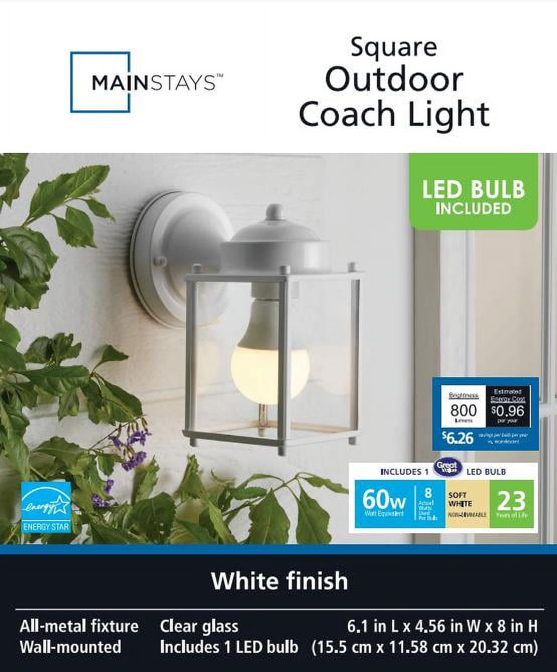 Mainstays 6" Square Outdoor Coach Light Lantern, White,Light Bulb Included