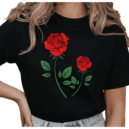 Women's Romantic Red Roses Floral Aesthetic Casual Boho-Inspired Retro Vintage Graphic Casual Short Sleeve Round Neck Top Black S-5XL