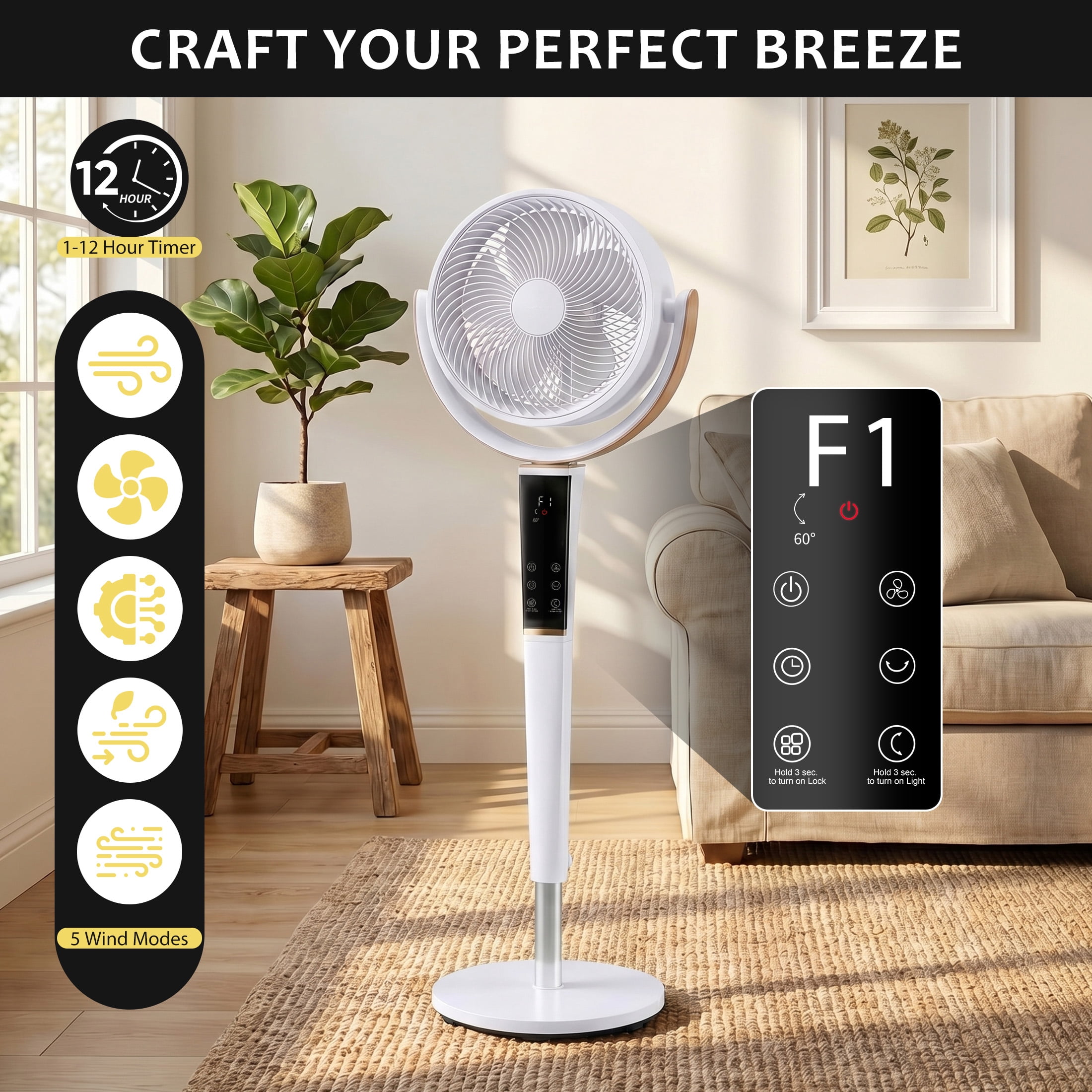 EDX Bedroom Pedestal Fan, Quiet 20dB DC Air Circulator, 15 Speeds 5 Modes, 120° Oscillation, 12H Timer, 1050CFM Airflow, 37-45" Adjustable Height, LED Light, Standing Fan with Remote, White