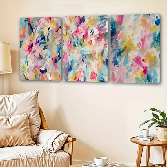 3pcs, 2D Frameless Canvas Art, Three Pieces of Living Room Decorative Paintings, 3pcs Colorful Abstract Wall Art, Vibrant Bold Floral Abstract Printed Wall Decor, Frameless Rainbow Extreme Canvas Se