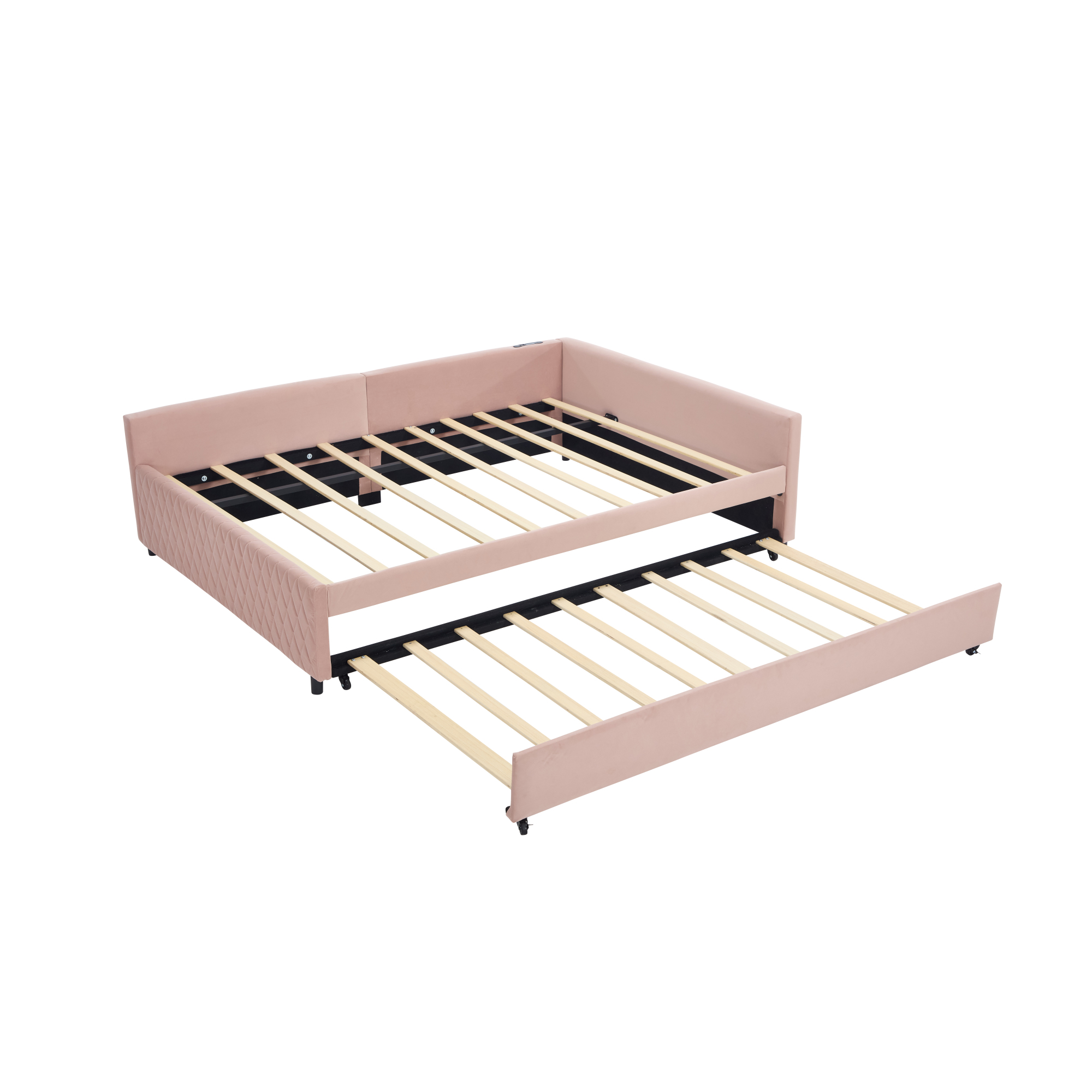 Leumius Upholstered Daybed with Trundle,Sturdy Wooden Bed Frame, Modern Diamond Grid Design for Bedroom Guest Room (Pink)