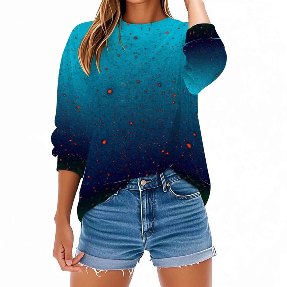 Women's Long Sleeve T-Shirt, Casual Thin Lightweight Top, Fade Print Crewneck Shirt, Soft Stretch Fabric for Everyday Wear