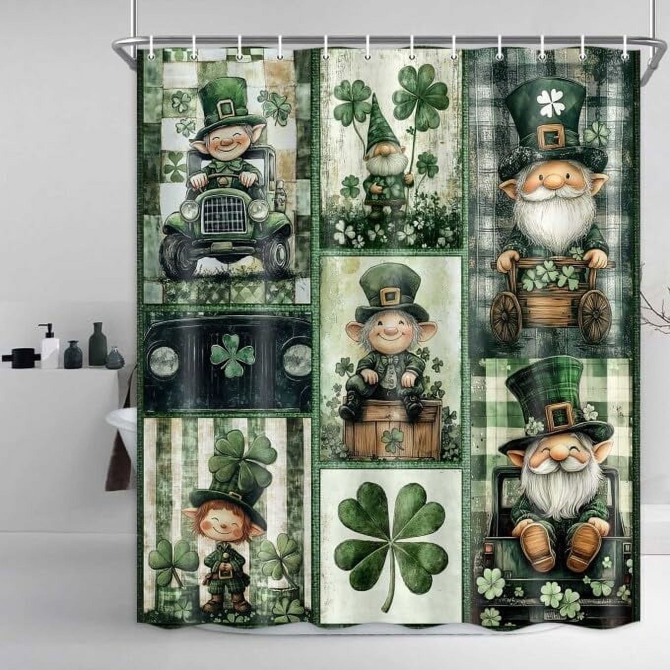 St. Patrick's Day Shower Curtain, Vintage St. Patrick's Day Shower Curtain Set Green Clover Shamrock Bathroom Curtain, Waterproof St. Patrick's Day Gnomes Bath Curtain with 12 Hooks,72X75