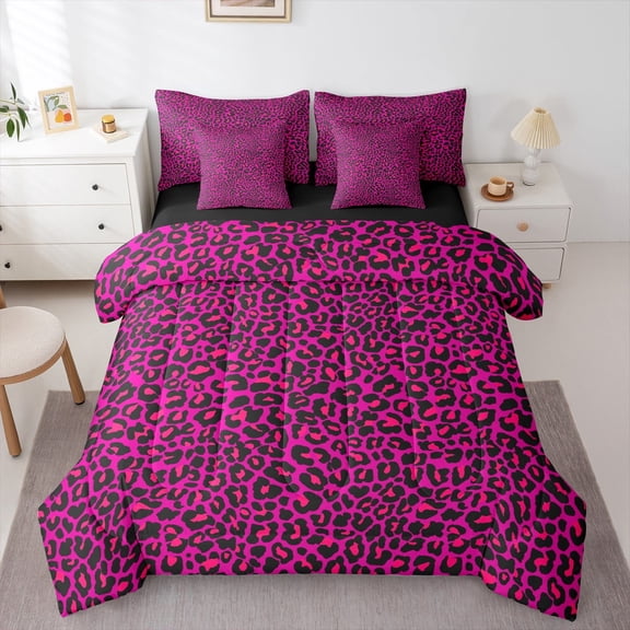 Manfei Deepblue Leopard Print 7-Piece Twin Bedding Sets,Pink Black Bedding Comforter Set,Kids Cheetah Pattern Sheet Sets For Children,Microfiber Bedroom Decor Reversible