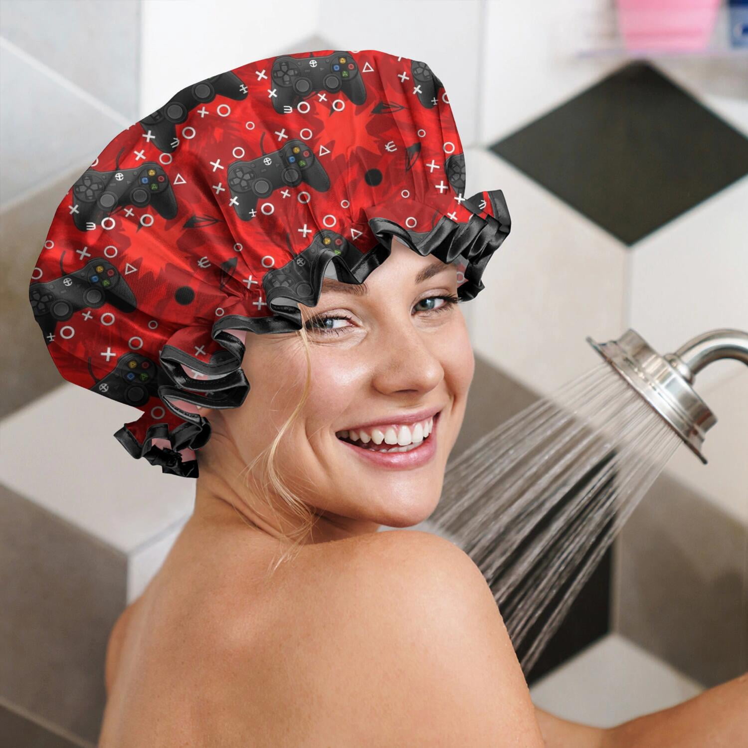 Shower Caps,Black Controllers Games Icons Red Pattern Waterproof Shower Cap for Women 4 Pieces,Double Reusable Hair Cover for Shower PEVA Elastic Stretch Hem