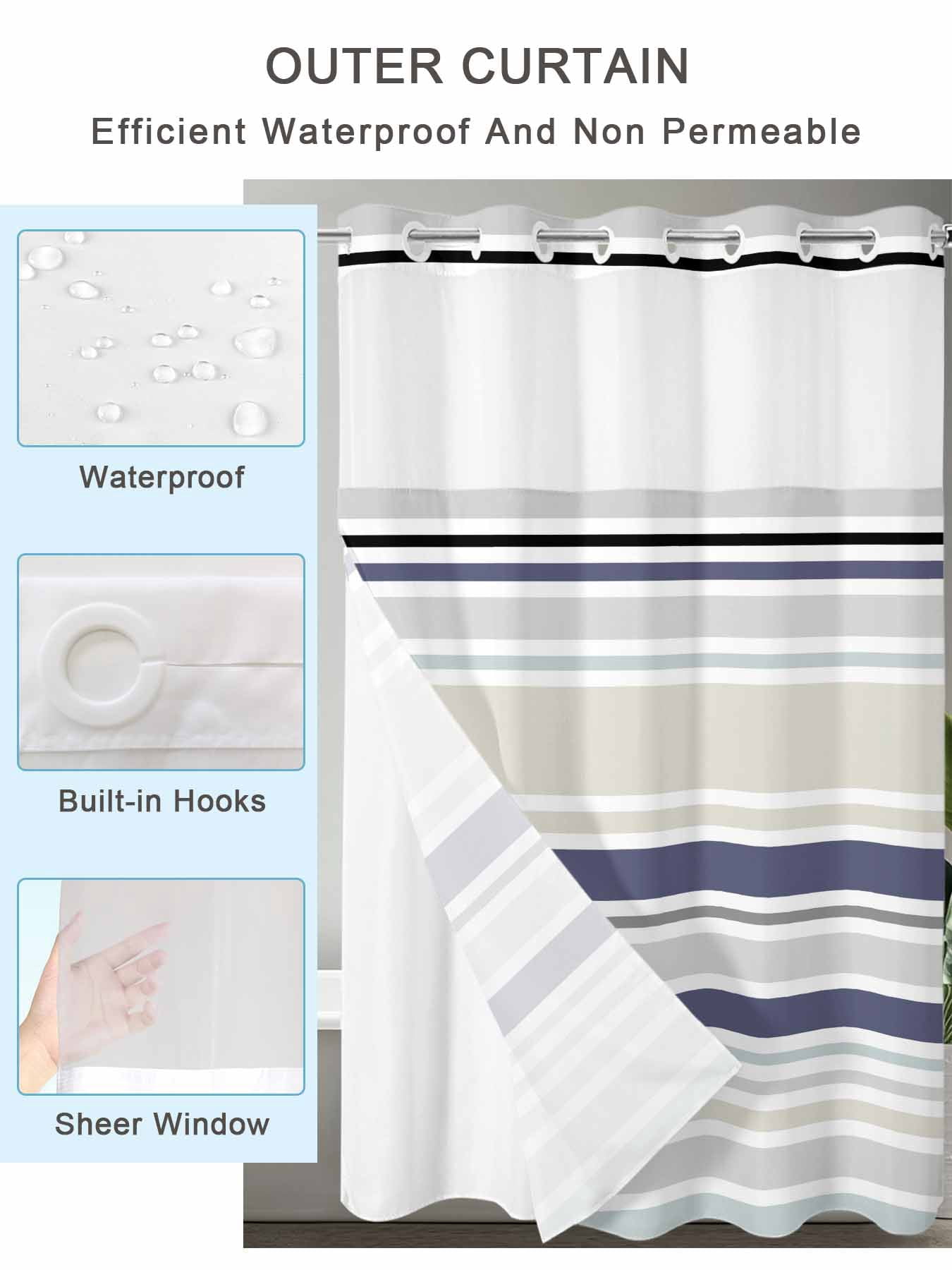 No Hook Shower Curtain with Snap in Liner,Classic Stripes Retro Waterproof Bath Curtain Double Layers with See Through Top Window,Blue Beige White Hotel Shower Curtains 72x72in
