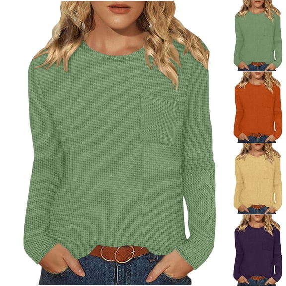 Womens Tops Crew Neck Long Sleeve Tshirts for Women Waffleknit Casual Solid Color Pullover Fall Top