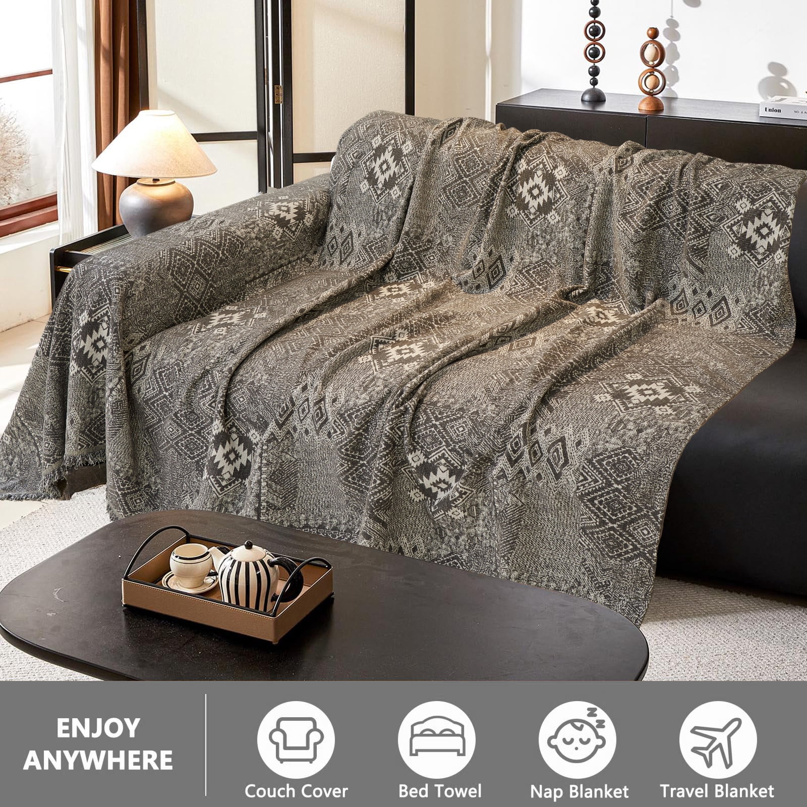 Sanmadrola Reversible Sofa Covers for 3 Cushion Couch, Geometric Jacquard Chenille Slipcover, L Shape Sectional Couch Cover with Tassels, Washable Furniture Protector for Dogs Cats Pet, 71"x118"