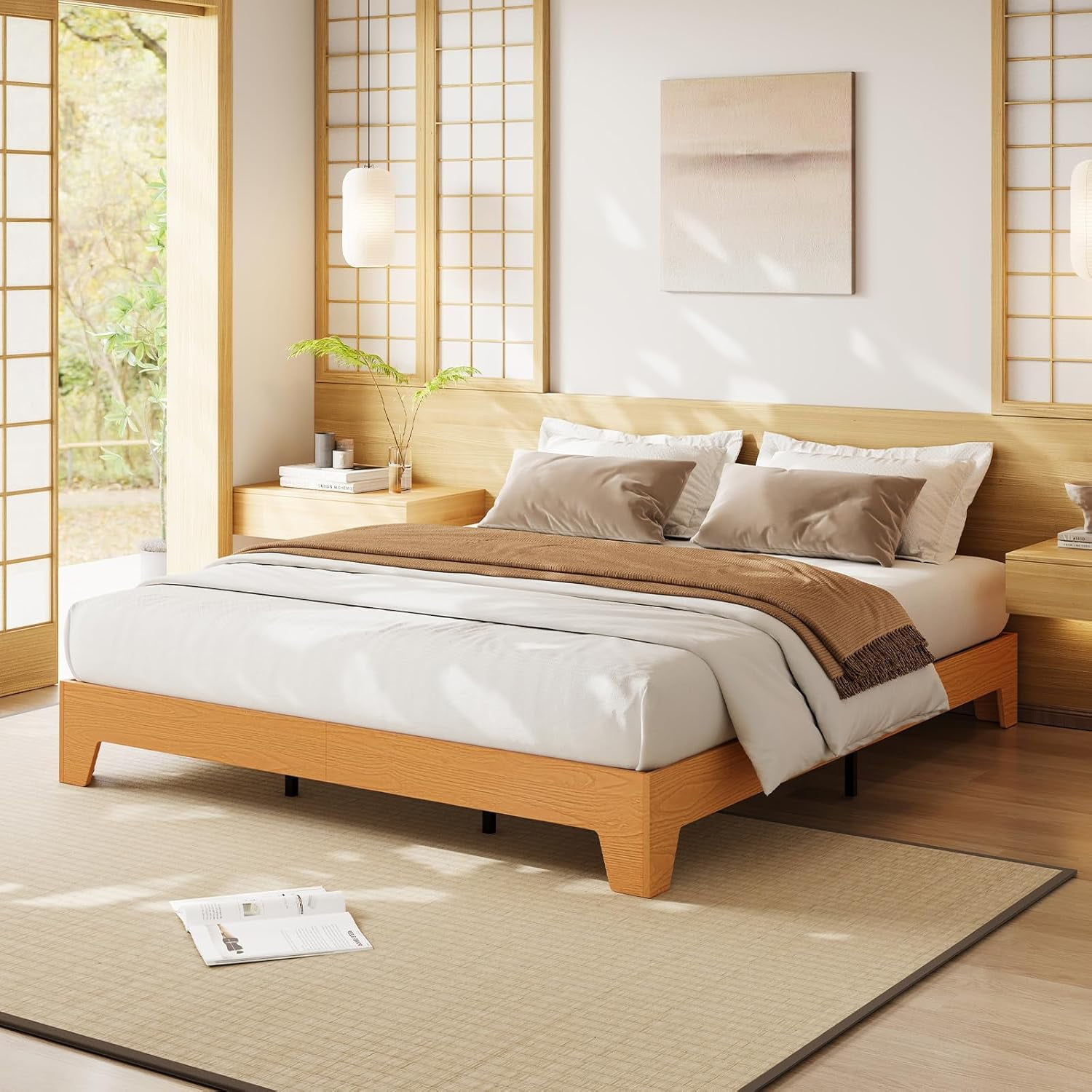 Full Bed Frame, Wooden Platform Bed Frame, Minimalist Bed with Wood Slats Support, Underbed Space for Storage, No Box Spring Required, Noise-Free, Easy Assembly