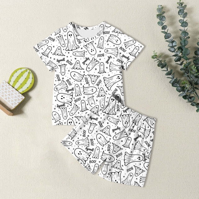 Ensemble de Pyjama Imprimé pour Filles, Doux, Col Rond, Taille Élastique Confortable, Tenue de Nuit Décontractée pour le Printemps et l'Été