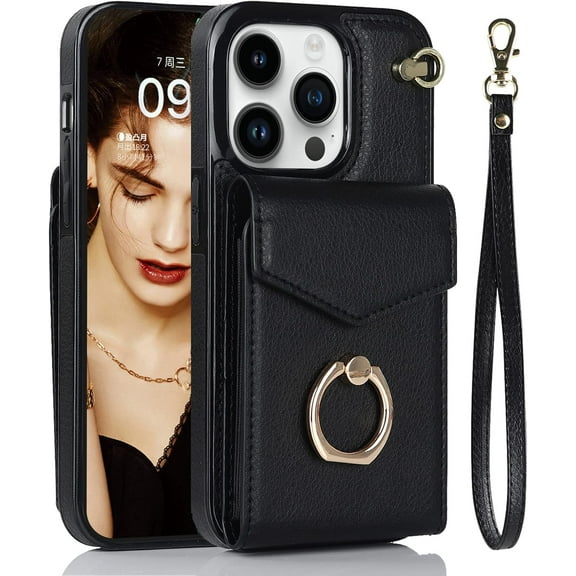 MYKOMI Wallet Phone Case Compatible with Apple iPhone 13 Pro Max Leather Case with Card Holder & 360° Ring Kickstand & Wrist Strap Purse Cover Magnetic Closure Flip Handbag Shell for Women