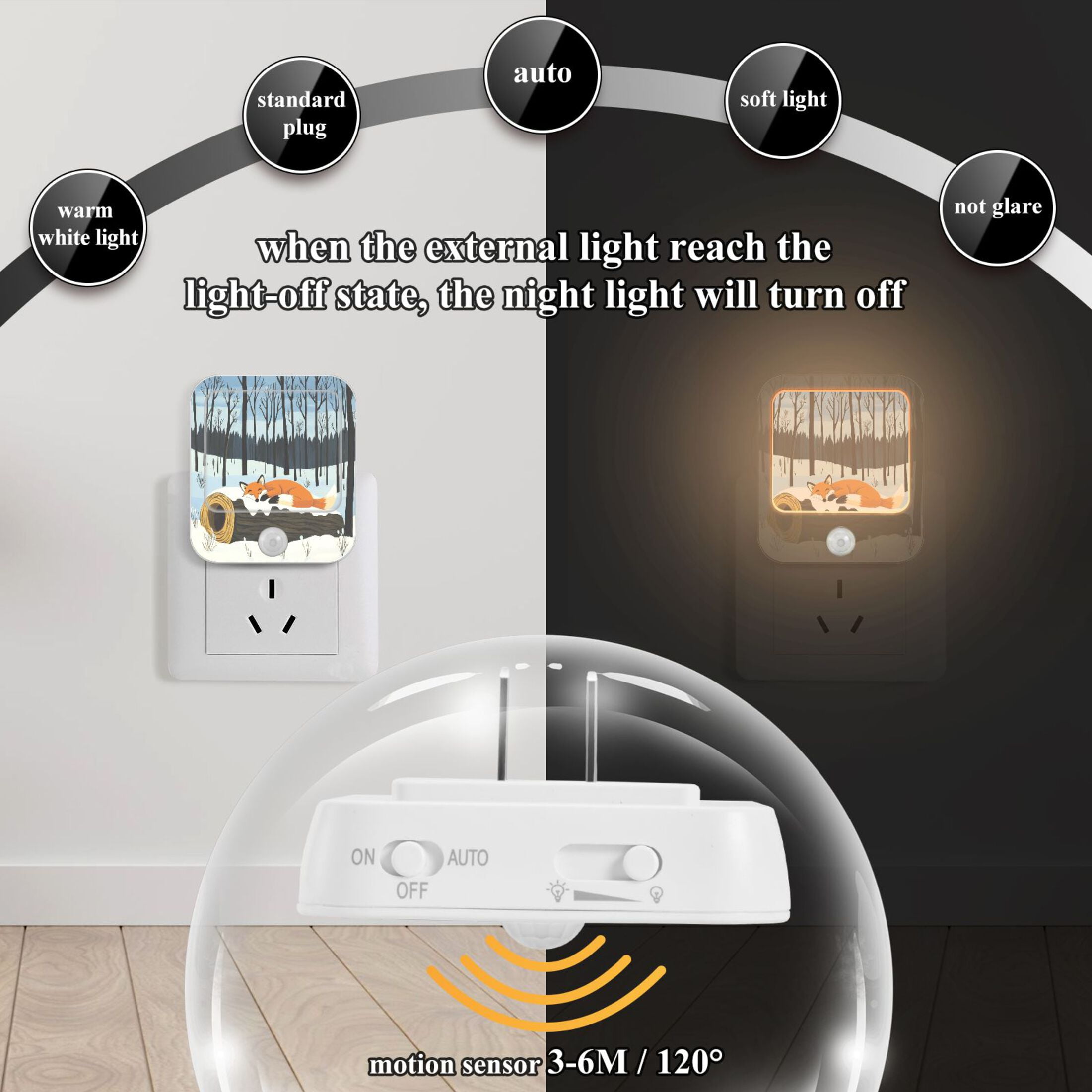 Sleepy Fox 2 Pack Night Light with Motion Sensor, Adjustable Warm LED Light