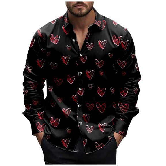 SERTG Mens Valentine's Day Fashion Print Shirt Lapel Long Sleeve Button Down Collar Casual Breathable Soft Tops(Pink#1,2XL)